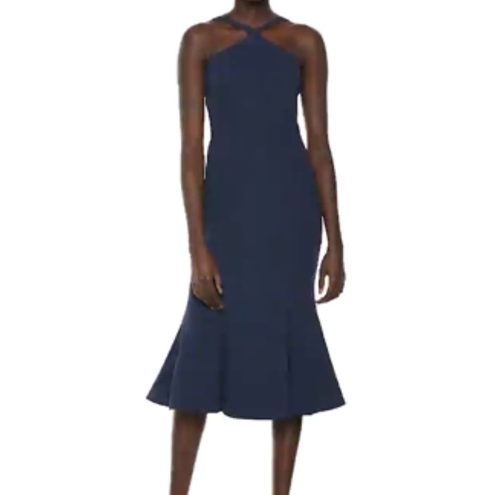 Dress the Population Tessa Navy Crepe Halter Midi Mermaid Dress
